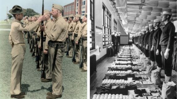 Left: A military officer pins a medal on a soldier in a line of uniformed men. Right: Uniformed men stand by neatly arranged personal items in a barracks.