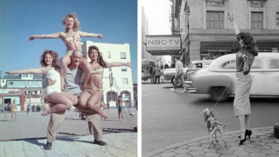 Left: Three women in swimsuits pose atop a man's shoulders on a beach. Right: A woman with a small dog raises her arm on a city sidewalk as cars pass by an NBC-TV sign. Both photos are in vintage style.