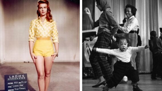Left: Woman in yellow polka-dot top and shorts poses for a wardrobe photo. Right: Two women and a child dance joyfully in a studio, the child energetically swinging arms and legs.