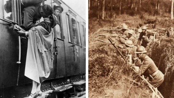 Split image: Left shows a couple kissing goodbye at a train, a child watching. Right shows WWI soldiers in trenches aiming rifles in a grassy, wooded area.