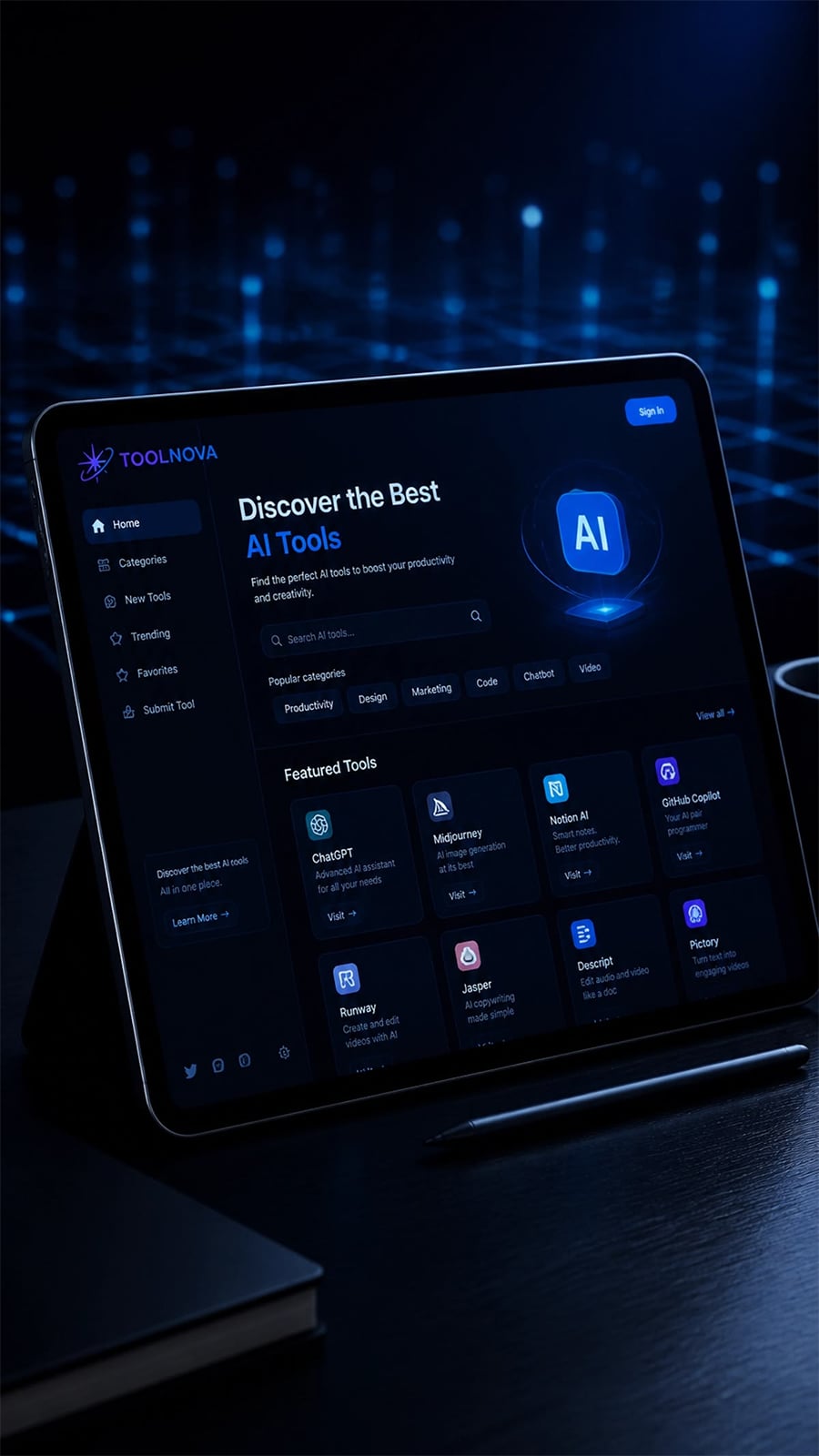 A tablet displays a dark-themed website titled "Discover the Best AI Tools," showcasing various AI tool icons and categories, placed on a desk with a pen and notebook in low blue lighting.