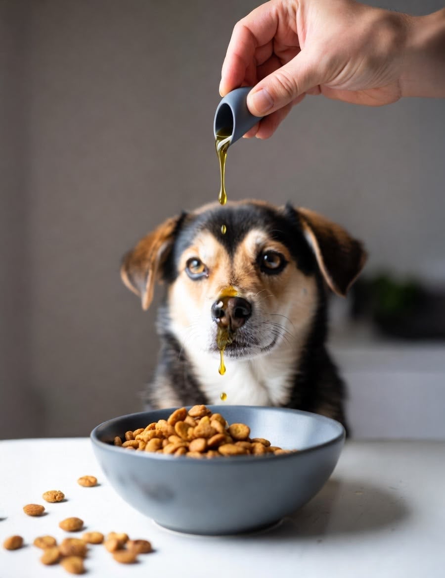 A hand pours oil from a small container onto a dog's dry food in a bowl. The dog looks up, waiting patiently as oil drips onto its head and nose.