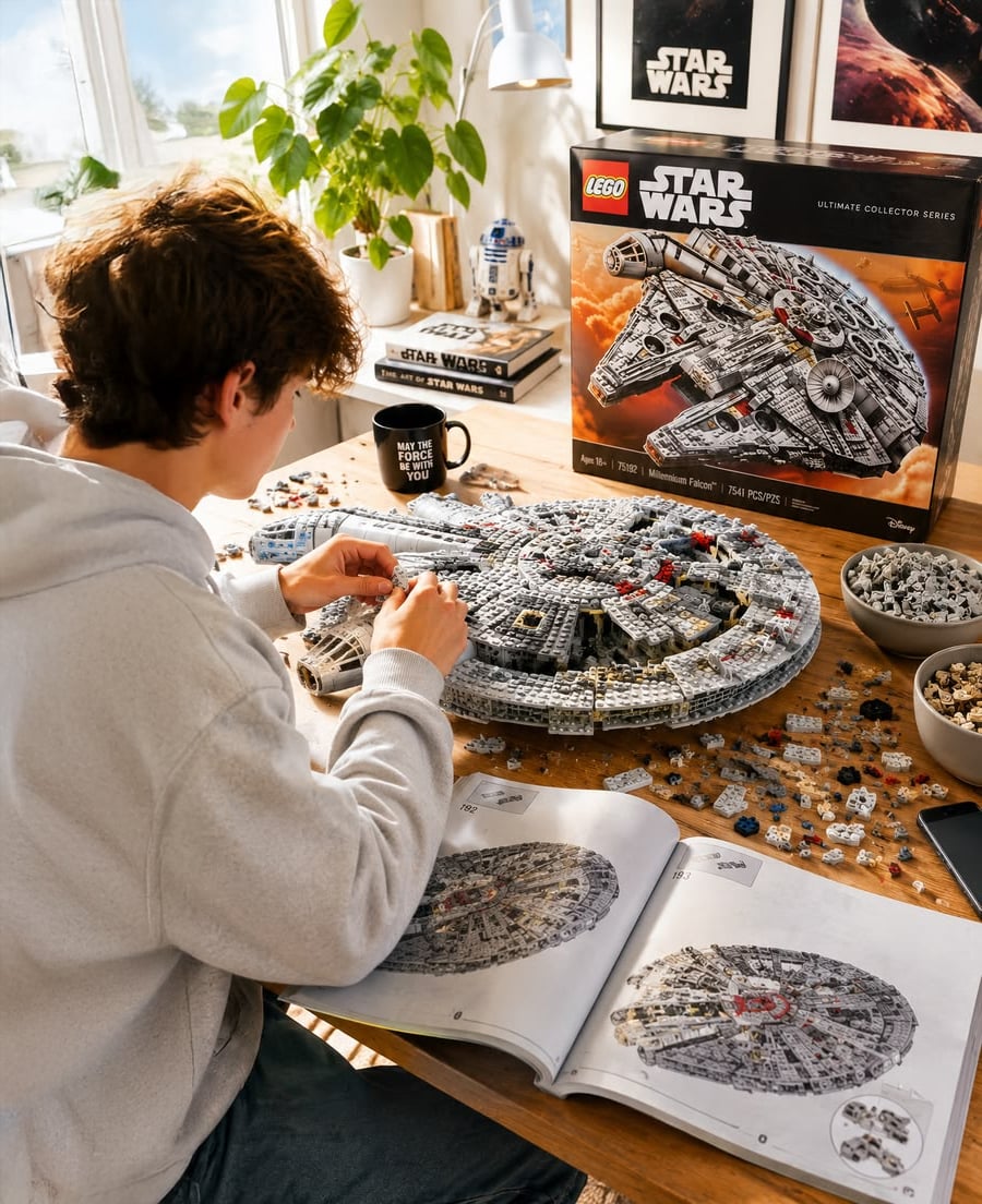 A person builds a LEGO Star Wars Millennium Falcon at a table, following instructions. The LEGO box, pieces, and Star Wars items are visible in a sunlit room with plants.