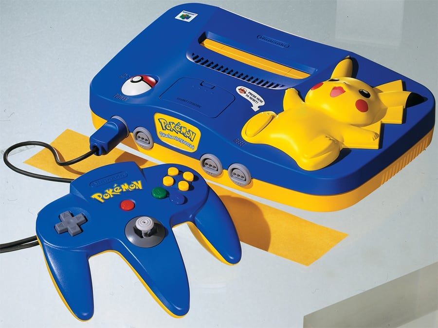 A blue and yellow Nintendo 64 console with a Pikachu design, featuring a Poké Ball power button and a blue controller beside it.