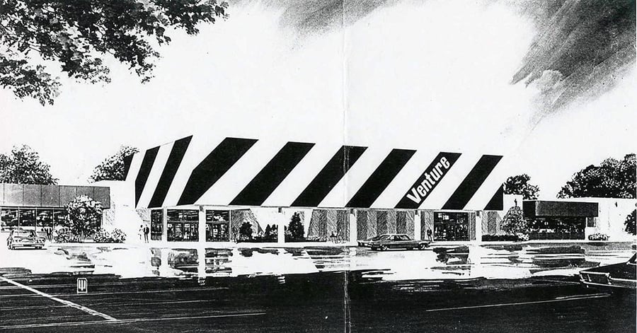 Black-and-white illustration of a Venture store with bold diagonal stripes on the front, cars parked in front, and trees partially visible around the parking lot.