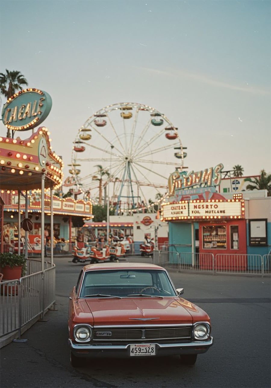 A vintage red car is parked at an amusement park entrance, with a Ferris wheel, colorful signs, and lights in the background at dusk.