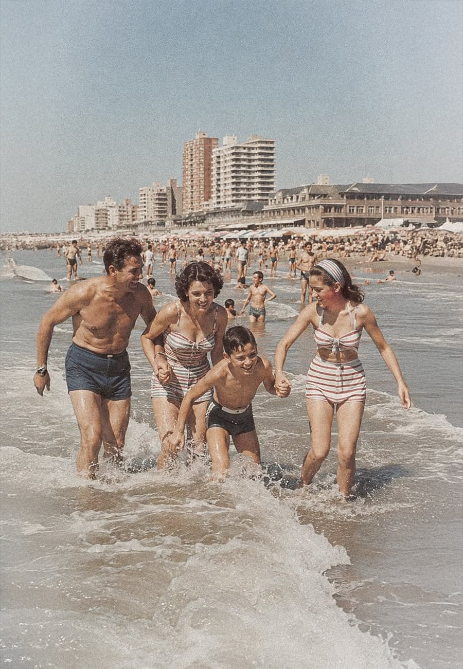 A family of four in swimsuits smiles and holds hands while playing in the shallow waves at a crowded beach, with tall buildings visible in the background.