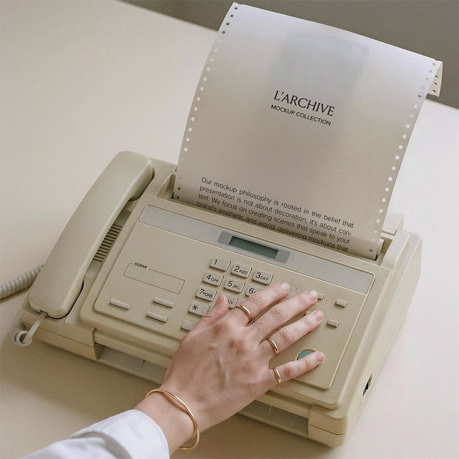 A hand operates a beige fax machine, sending or receiving a document labeled "L’ARCHIVE MOCKUP COLLECTION" in black text on perforated paper. The scene is minimal and softly lit.