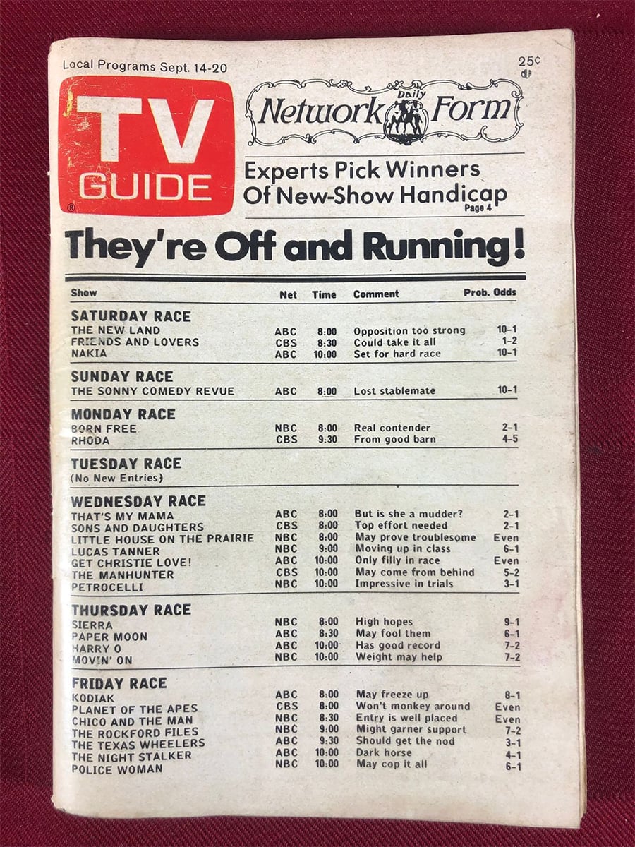 TV Guide cover from Sept. 14-20, listing new TV shows, channels, times, and odds of success. Headline reads “They’re Off and Running!” and features a table of shows with their probable odds.