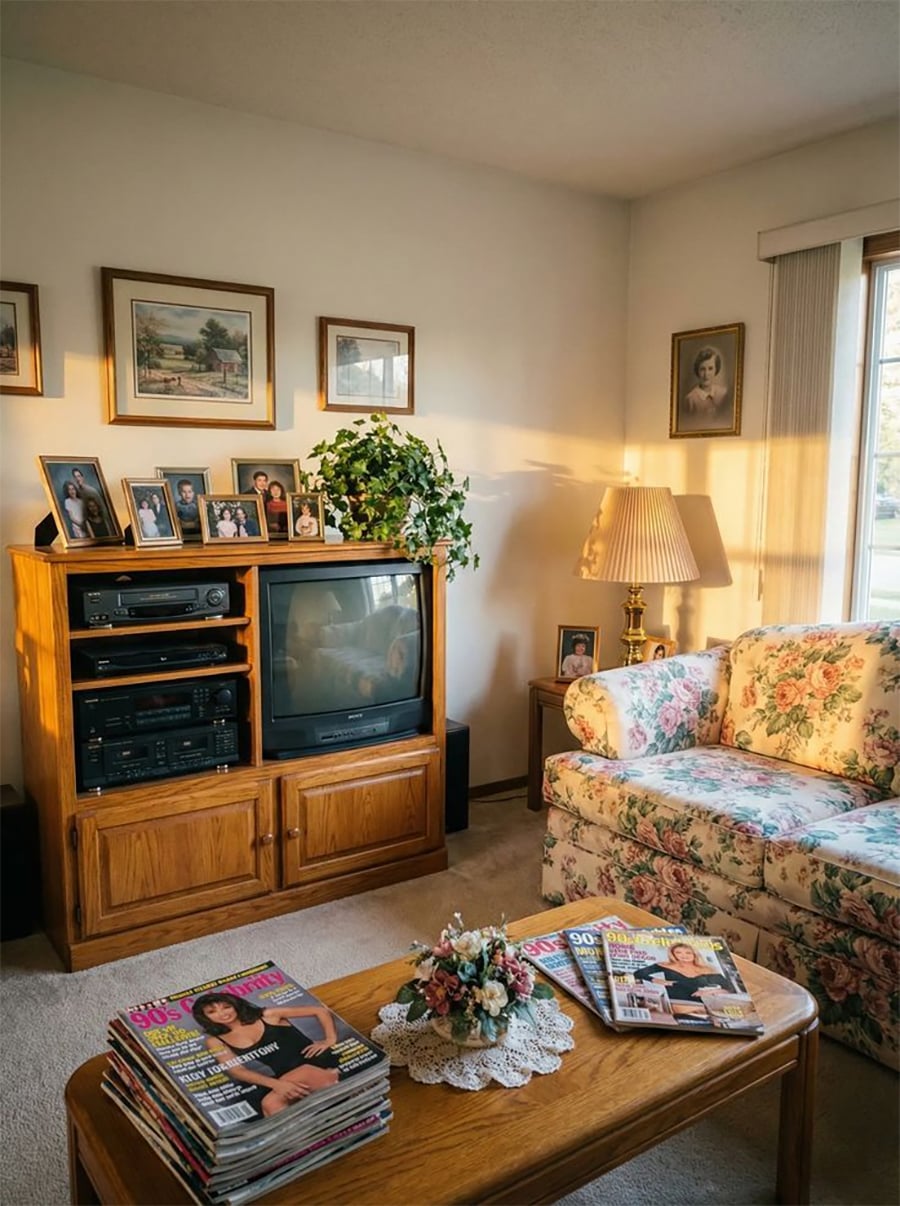 A cozy living room with a floral couch, wooden TV stand, old TV, family photos, a table with magazines, a doily, and a flower arrangement, lit by warm sunlight from a window.