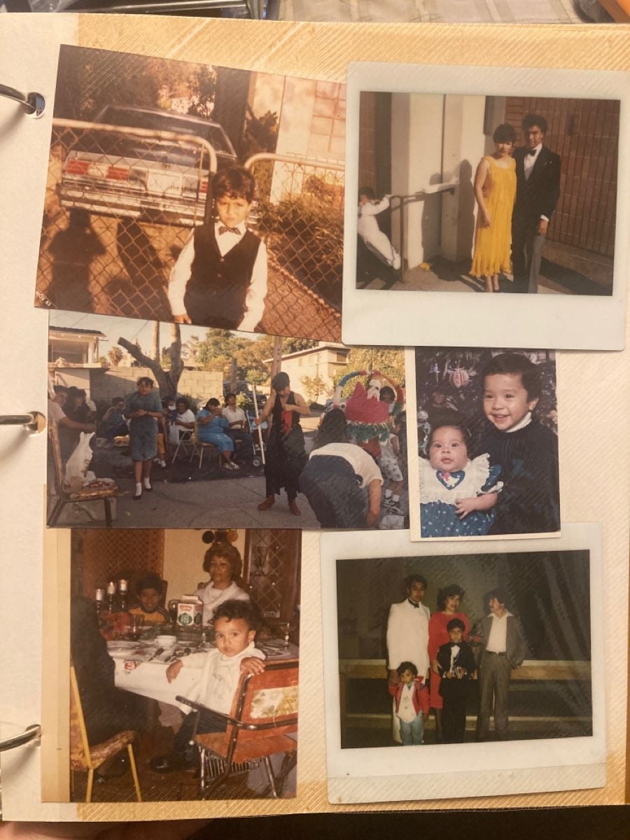 A photo album page with six vintage family photos showing children and adults dressed for various occasions, including formalwear, group gatherings, and everyday moments.