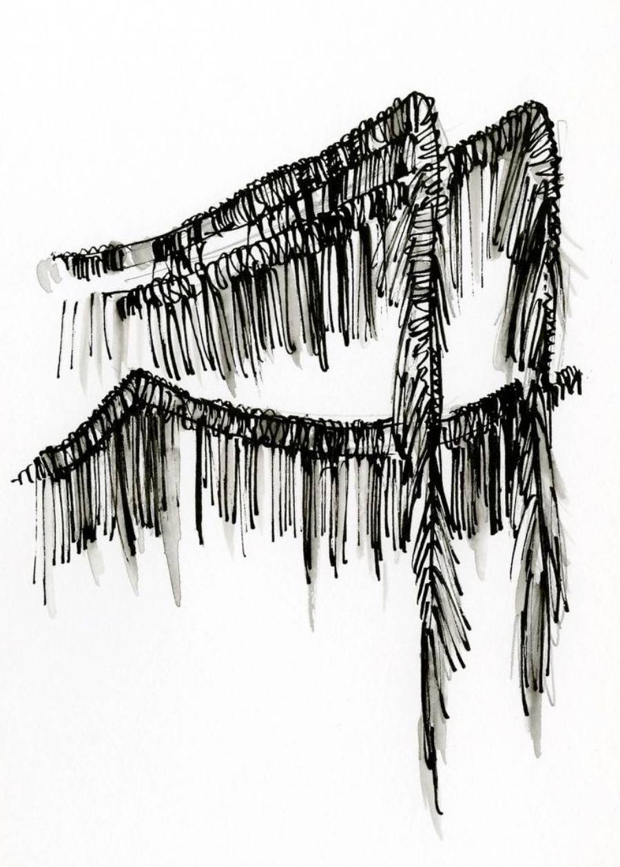 Black ink drawing of two draped, fringed fabrics or banners, with hanging lines resembling tassels, on a white background; abstract and loosely sketched style.