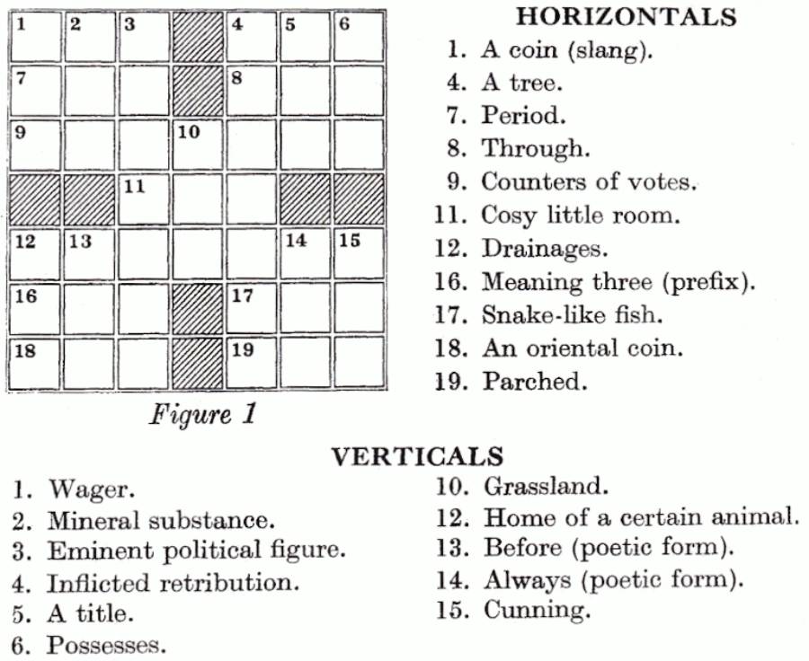 A black-and-white crossword puzzle with numbered squares, a word list for “Horizontals” and “Verticals,” and corresponding clues for each number. The puzzle is labeled “Figure 1.”