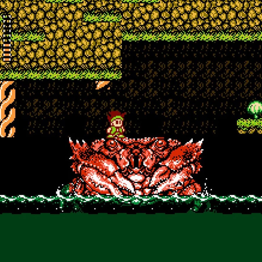A pixelated character stands on a giant red crab emerging from green water, with rocky platforms and foliage above, in a retro video game scene.