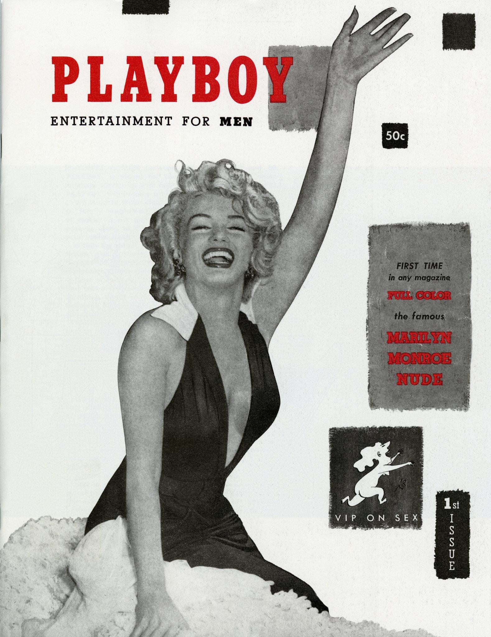 Black-and-white Playboy magazine cover featuring a smiling woman in a low-cut dress sitting on a white surface, with bold red and black text and a small price tag reading “50c.”