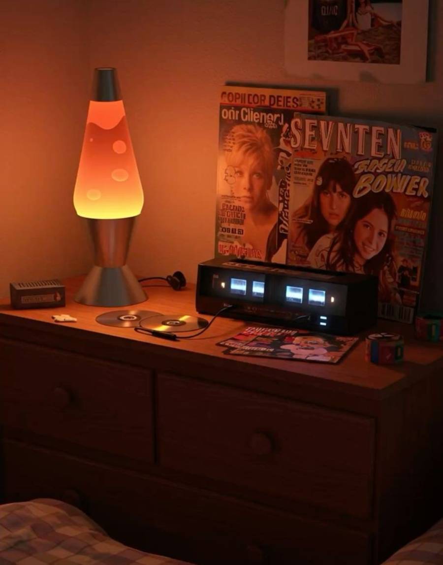 A glowing lava lamp, vintage magazines, a cassette player, cassettes, and headphones rest on a wooden nightstand beside a bed in a dimly lit room.