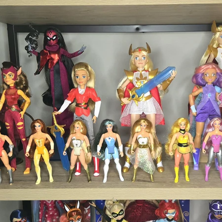 A collection of She-Ra and Princess of Power dolls is displayed on shelves, featuring various characters in colorful costumes and accessories.