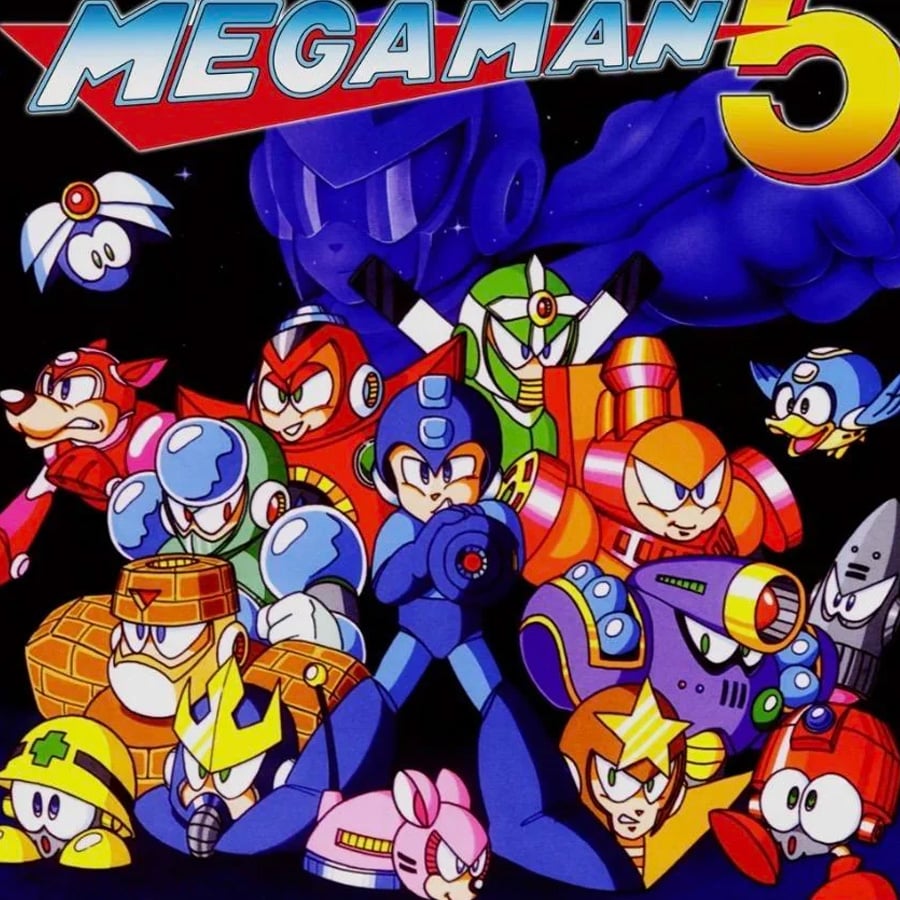 Megaman and various robot characters pose together in colorful costumes, with a large “MEGAMAN 5” logo at the top and a starry black background.