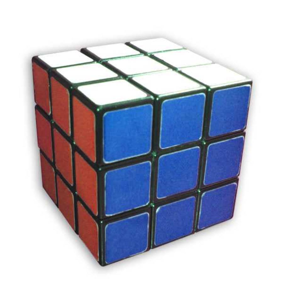 A solved 3x3 Rubik’s Cube with visible blue, red, and white faces, each consisting of nine colored squares arranged in a grid pattern.