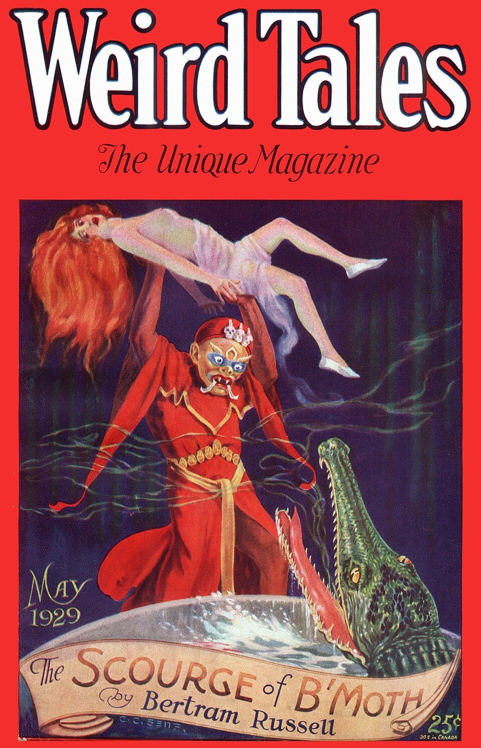 A magician in red holds a woman above his head while a giant green crocodile emerges from water. The cover reads “Weird Tales, May 1929, The Scourge of B’Moth by Bertram Russell.”