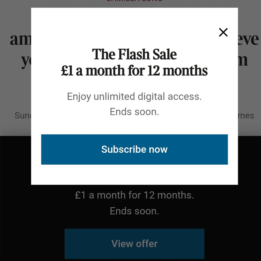 Pop-up ad reads: “The Flash Sale £1 a month for 12 months. Enjoy unlimited digital access. Ends soon.” Below is a blue “Subscribe now” button and a black “View offer” button.