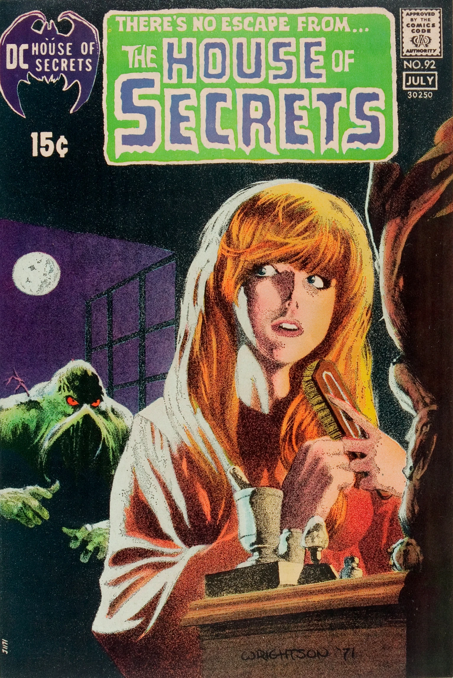 A woman brushes her hair in front of a mirror, unaware of a green, menacing monster creeping up behind her in a moonlit room. The comic book cover reads “The House of Secrets” and features eerie, vintage horror art.
