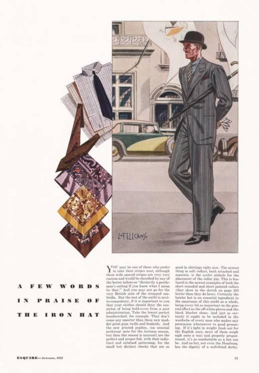 A vintage magazine page shows a well-dressed man in a pinstripe suit and hat walking, with swatches of patterned ties and scarves on the left, and text titled “A Few Words in Praise of the Iron Hat.”