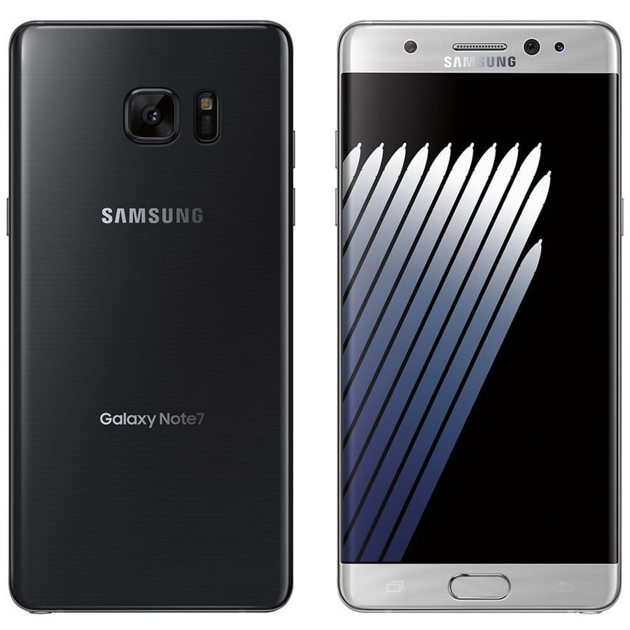 Front and back view of a Samsung Galaxy Note7 smartphone. The front screen displays a stylized pattern of white lines on a dark background. The rear shows the camera and Samsung branding.