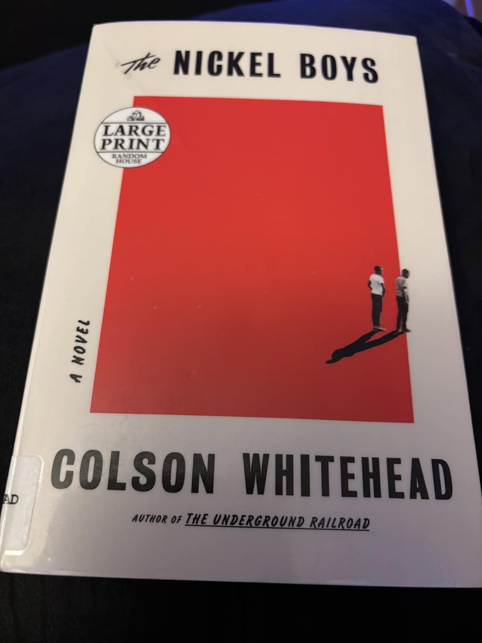 The cover of “The Nickel Boys” by Colson Whitehead features two boys standing on a vast red background, casting long shadows. The book is marked as “Large Print.”