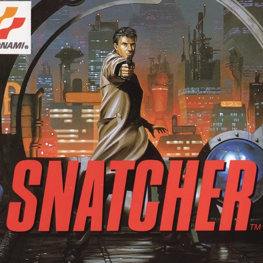 A man in a trench coat points a gun in a futuristic cityscape, with bold red text reading “SNATCHER” in front. The Konami logo is in the upper left corner.