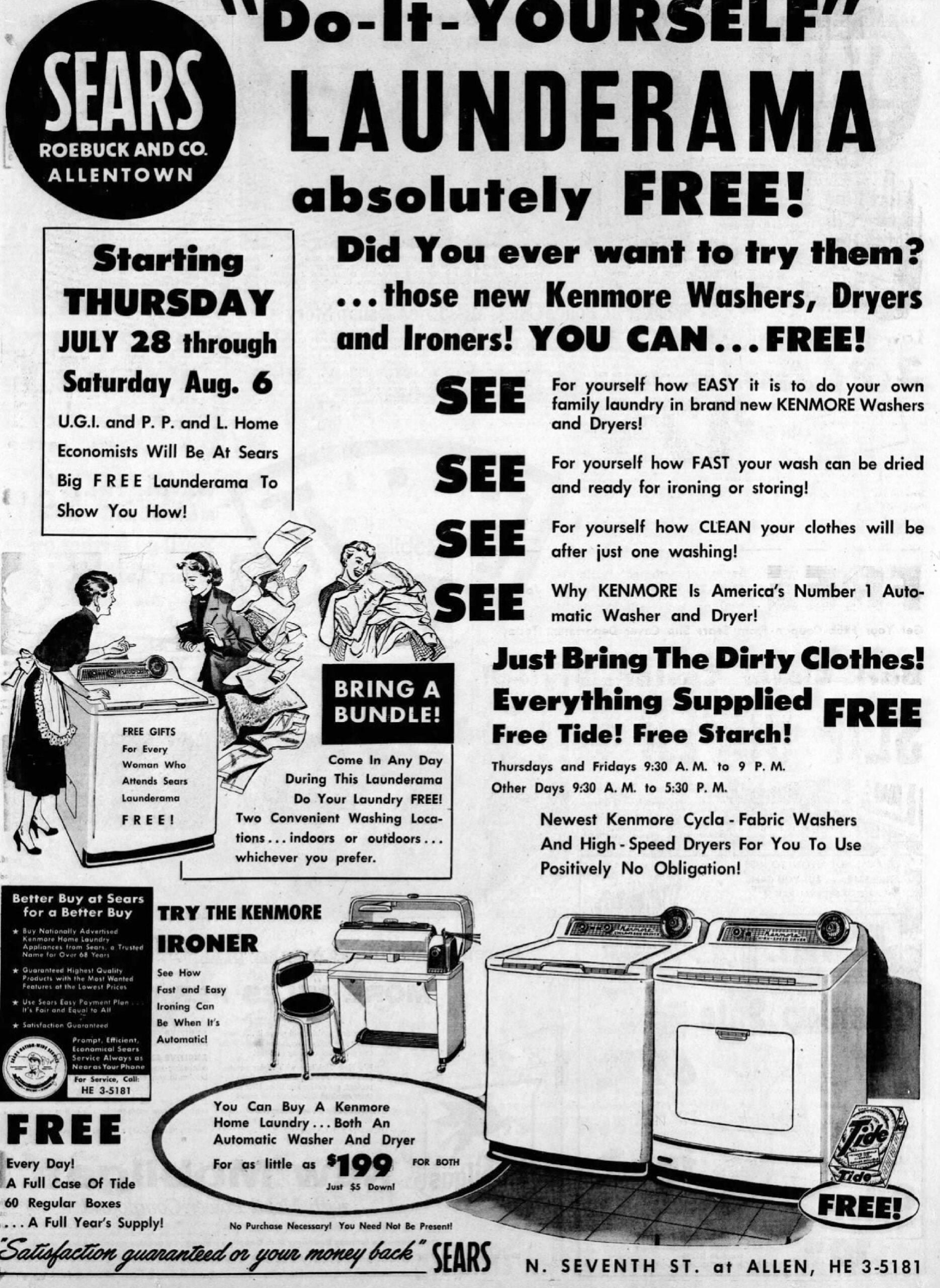 Black and white Sears ad for a free do-it-yourself Launderama event, highlighting Kenmore washers and dryers, prizes, and free laundry service from July 28 to August 6 in Allentown. Features text, product images, and event details.