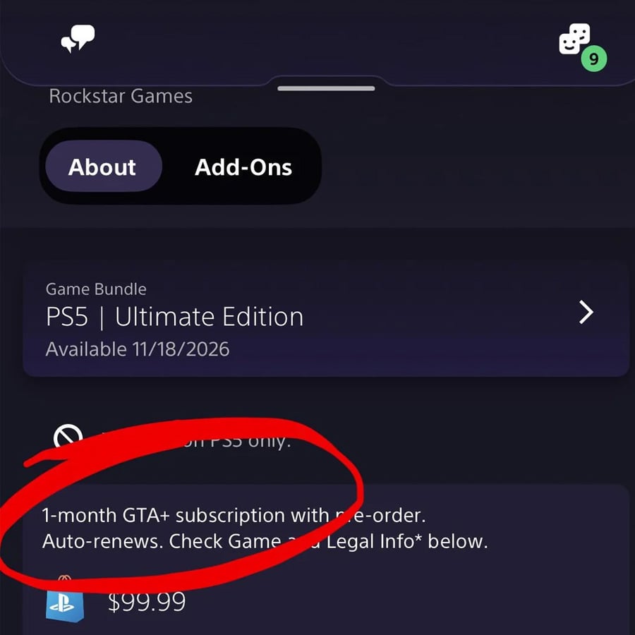Screenshot showing a PS5 Ultimate Edition game bundle with a note circled in red about a 1-month GTA+ subscription included with pre-order, price listed as $99.99.