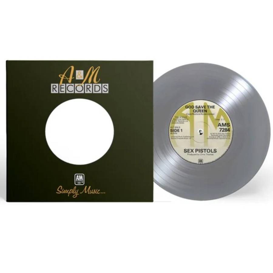 A silver vinyl record labeled “Sex Pistols – God Save the Queen” is partially out of a black A&M Records sleeve with gold and white lettering.