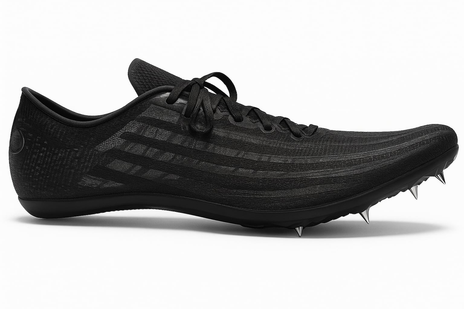 A black track and field sprint spike shoe with a sleek design, thin laces, subtle tonal stripes, and five pointed metal spikes on the sole.