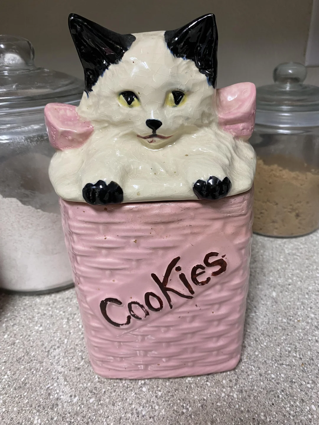 A pink cookie jar shaped like a cat with black ears and yellow eyes sits on a countertop, with jars of flour and brown sugar in the background.