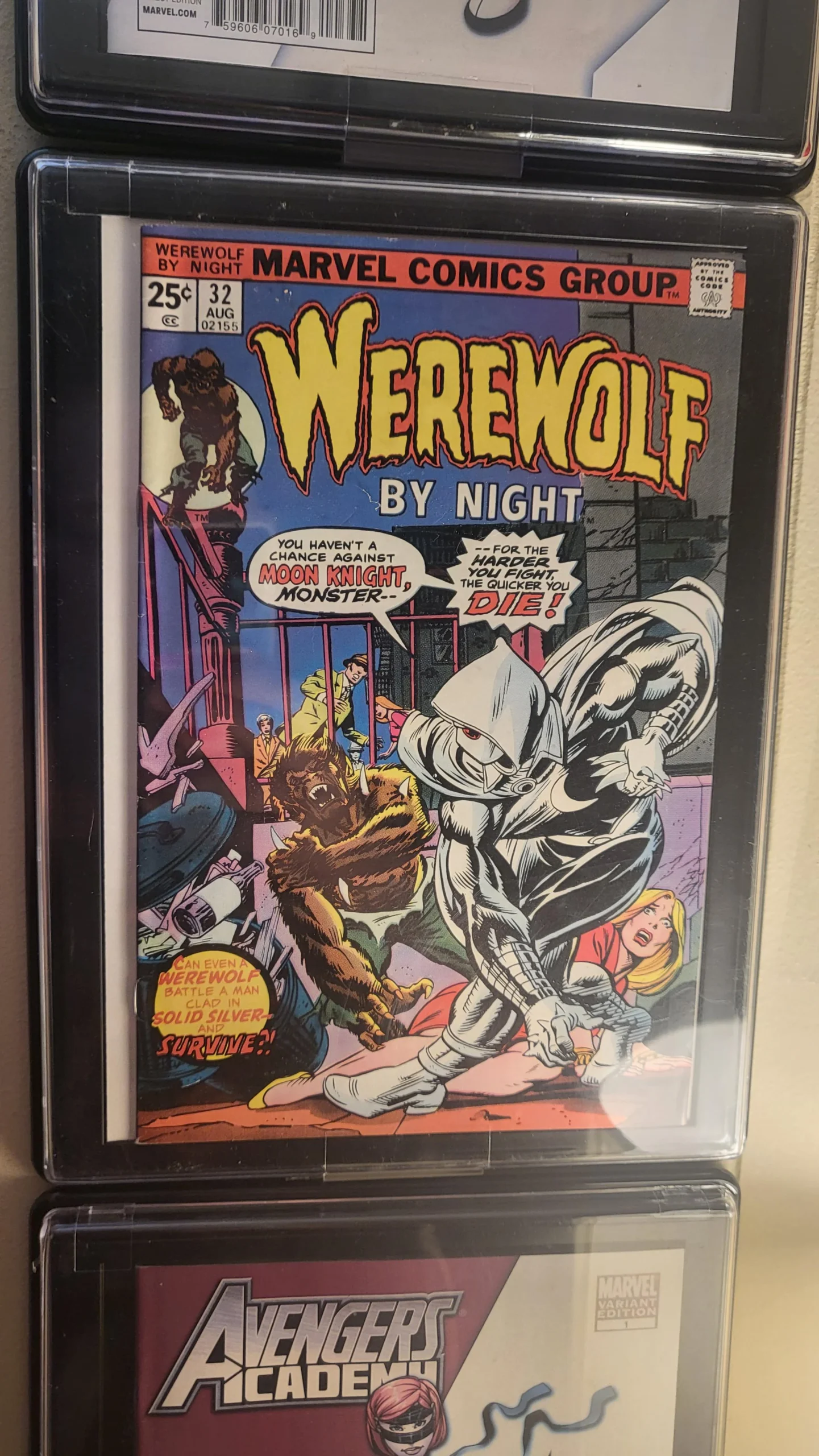 A comic book cover titled “Werewolf By Night” shows a werewolf fighting a white-costumed figure. Bold text reads, “You haven’t got a chance against Moon Knight, Monster!”