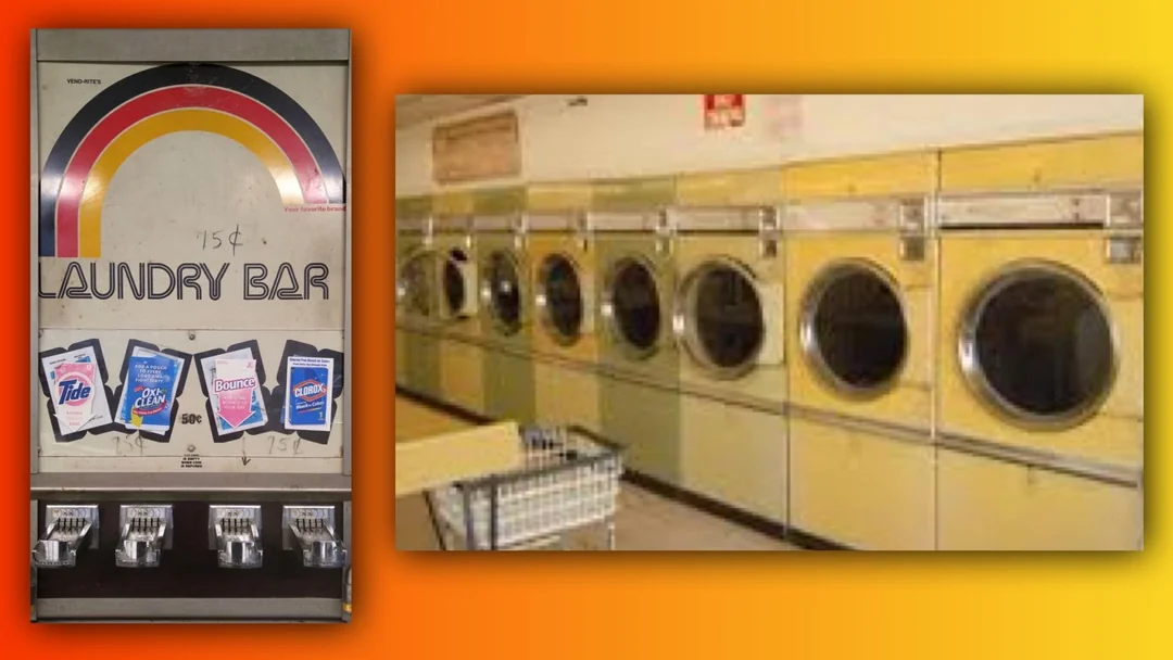 A detergent vending machine and a row of yellow washing machines in a laundromat, with a laundry cart visible. The background features a gradient of orange and yellow.