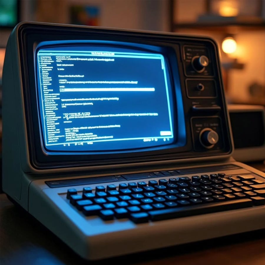 A vintage computer with a glowing blue screen displays lines of code or text. The keyboard is in front, and the background shows a softly lit, blurred room.
