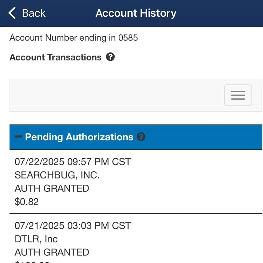 Mobile banking app screenshot shows pending authorizations for account ending in 0585, including transactions with Searchbug, Inc. for $0.82 on 7/22/2025 and DTLR, Inc. on 7/21/2025.