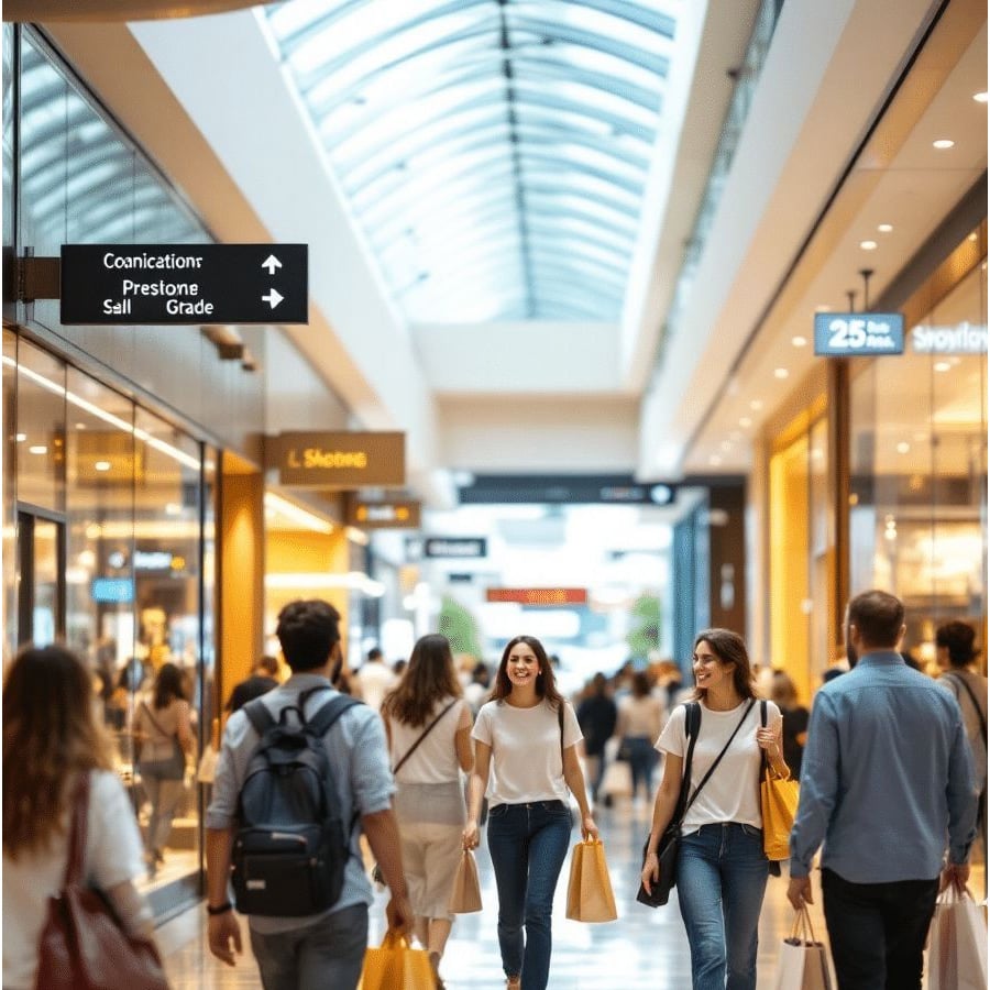 Shoppers walk through a bright, modern mall with glass ceilings, carrying bags. Storefronts line both sides, and signs hang overhead, creating a bustling, lively shopping atmosphere.