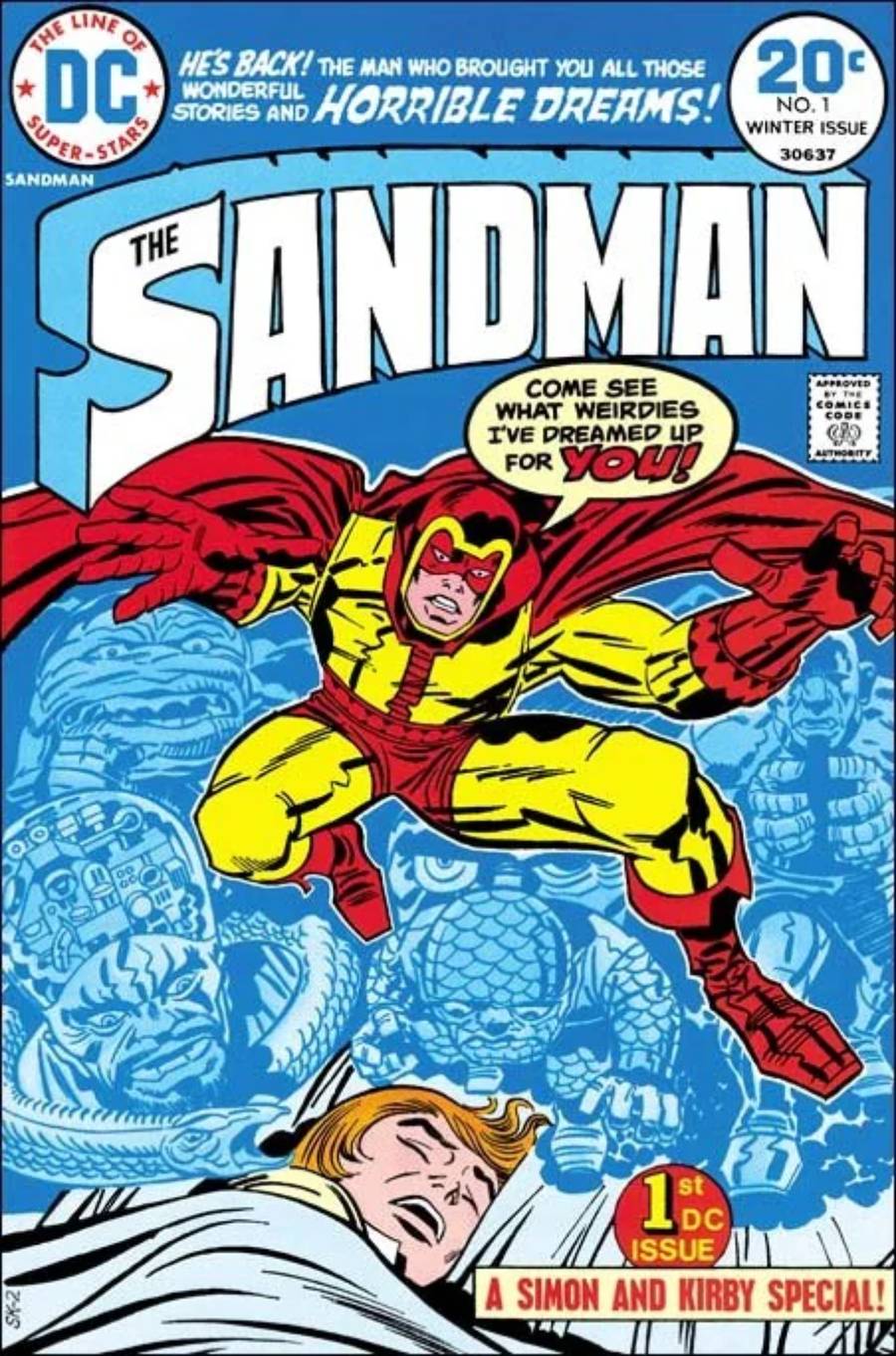 Comic book cover: A superhero in red and yellow costume leaps toward the viewer. Below, a sleeping man lies under a blanket. Text reads, “THE SANDMAN” and “Come see what weirdies I’ve dreamed up for you!”
