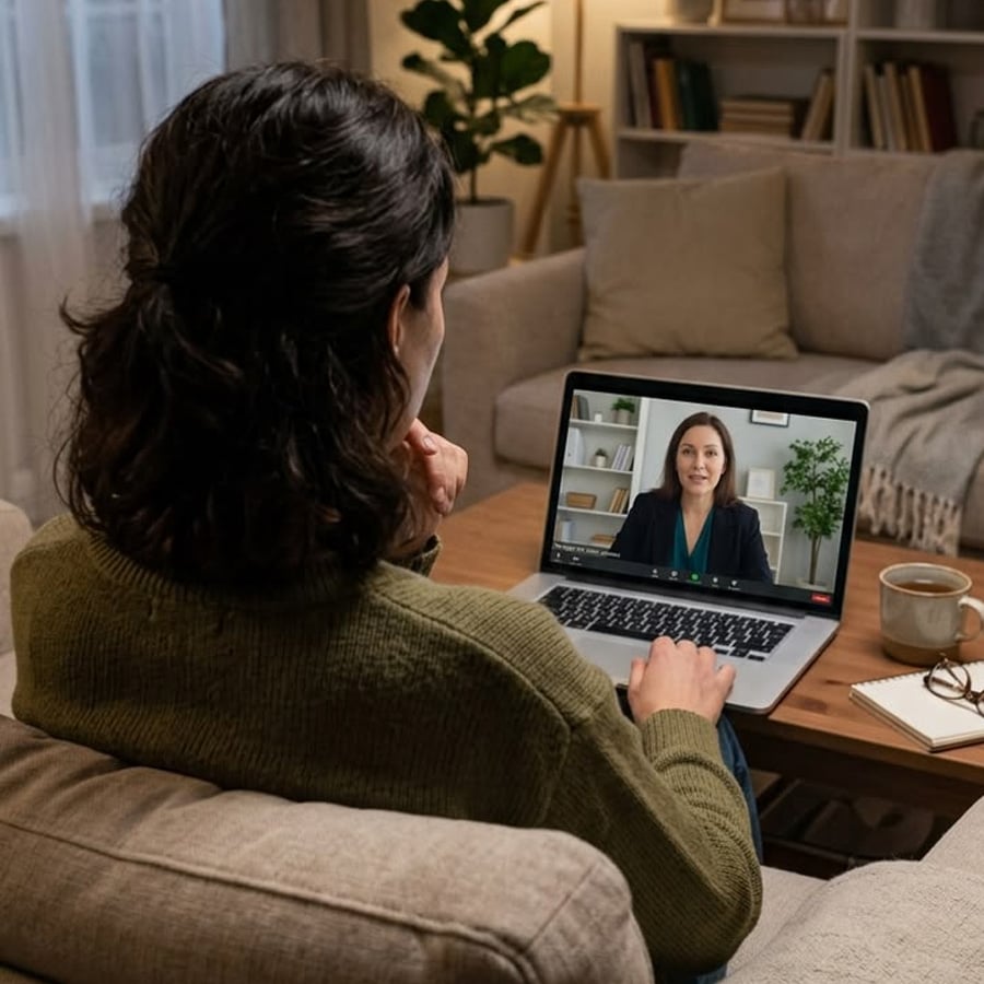 A person sits on a couch, having a video call with a woman on a laptop. A notebook, pen, and coffee mug are on the table. Bookshelves and a lamp are in the background.