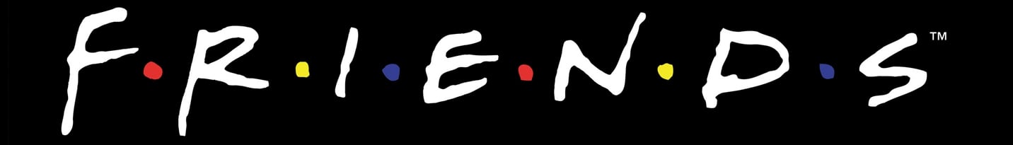 The word “FRIENDS” is written in white, playful capital letters on a black background, with colored dots (blue, red, yellow) between each letter.