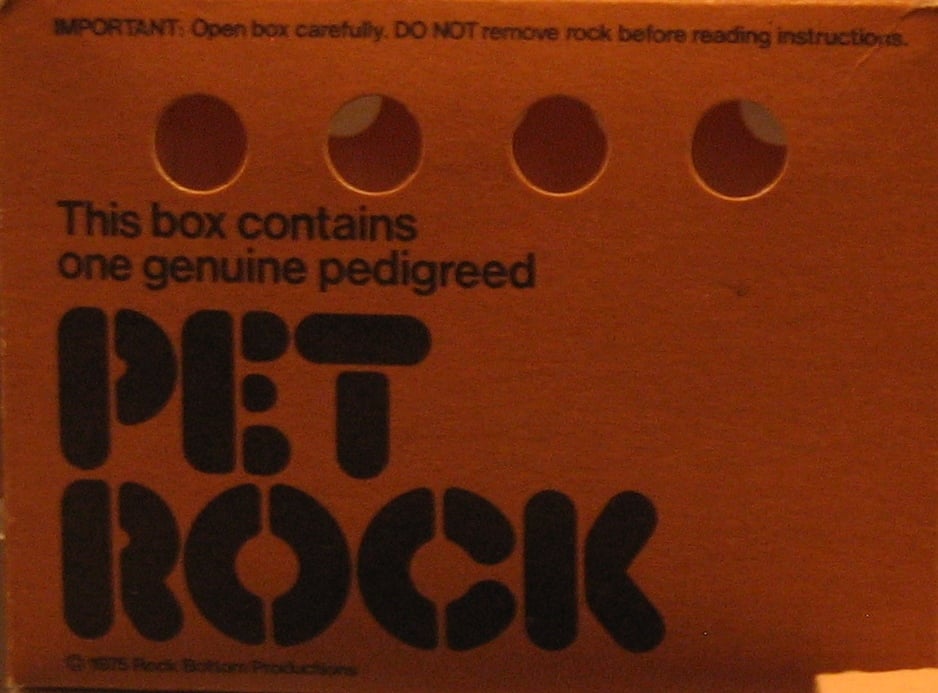 Brown cardboard box with four round holes and bold text reading “This box contains one genuine pedigreed PET ROCK.” Small print warns to read instructions before removing the rock.