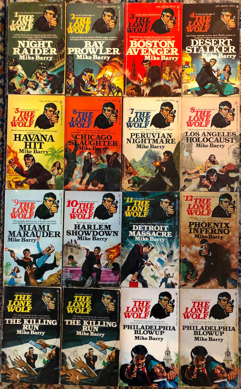Sixteen vintage “The Lone Wolf” paperback book covers by Mike Barry displayed in a 4x4 grid, each featuring action scenes and a recurring male character with a gun.