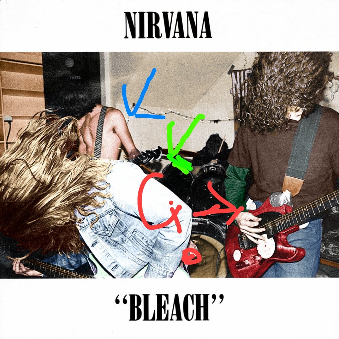 Three band members play instruments energetically in a small room. The album cover reads “Nirvana” at the top and “Bleach” at the bottom in bold black letters. Electric guitars and movement blur are visible.
