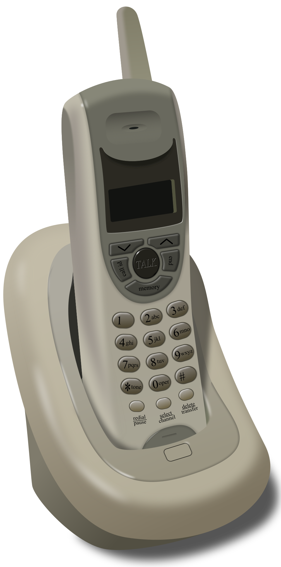 A gray cordless landline phone with a small screen sits in its matching charging base, displaying a classic button keypad and an antenna.