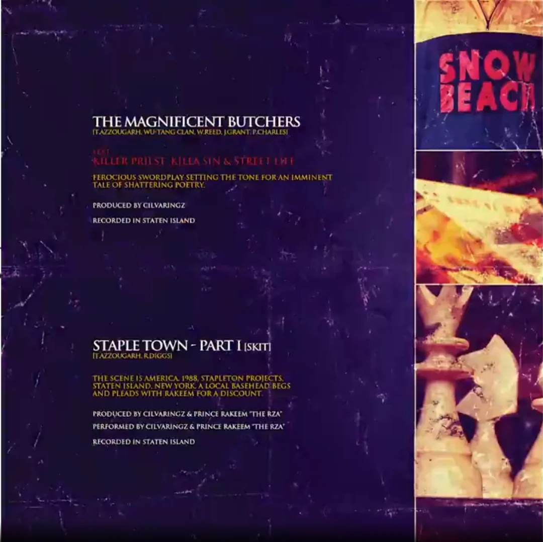 A textured purple and yellow album tracklist features “The Magnificent Butchers” and “Staple Town - Part 1” with production credits, against a collage of abstract urban images and the words “SNOW BEACH.”