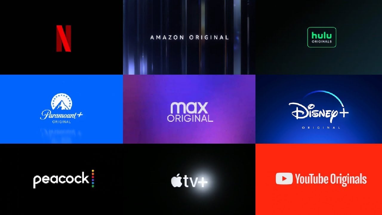 A grid of streaming service logos, including Netflix, Amazon Prime, Hulu, Paramount+, Max, Disney+, Peacock, Apple TV+, and YouTube Originals, on colorful backgrounds.