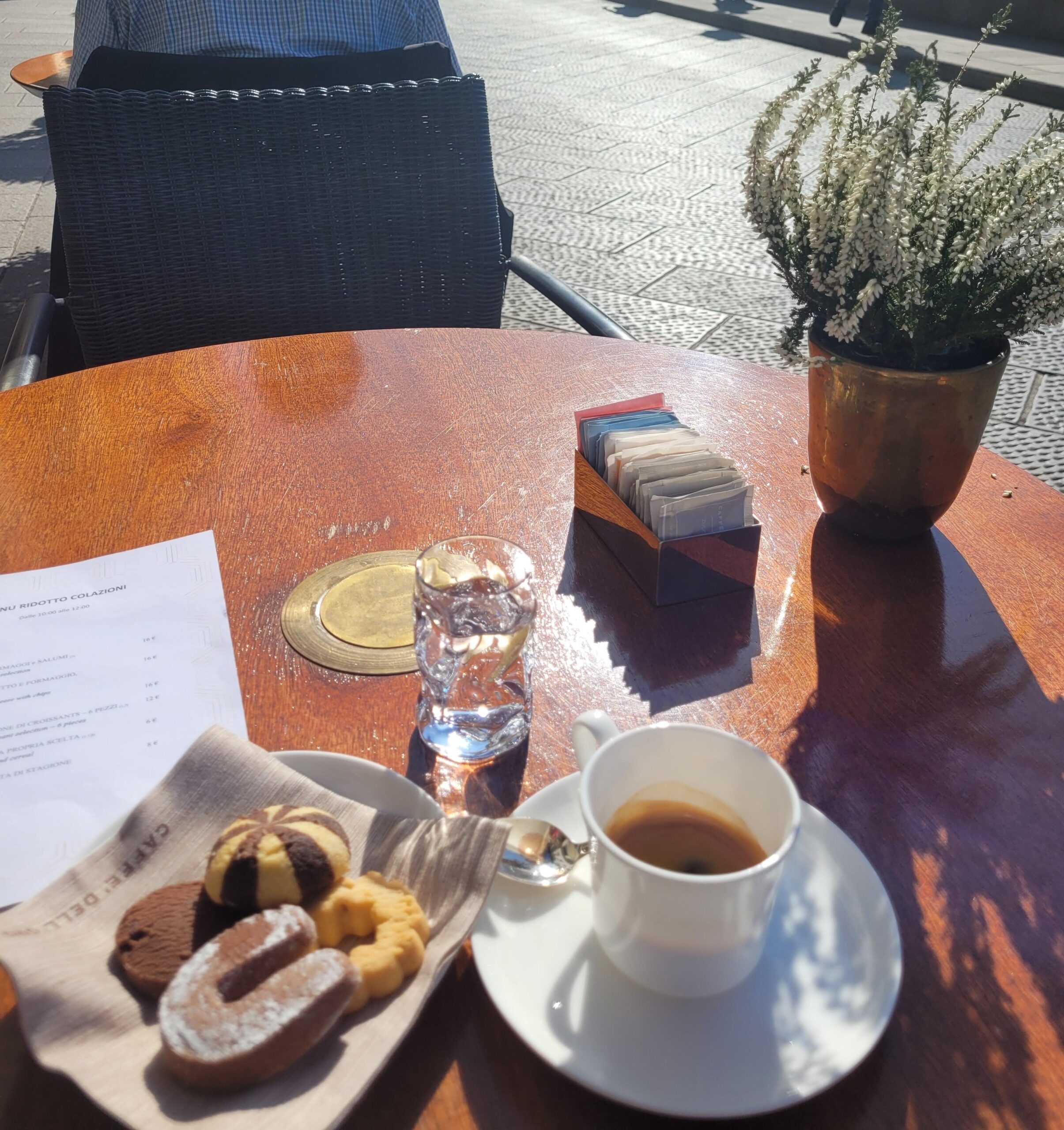 A sunlit café table with a cup of coffee, cookies on a napkin, a glass of water, a potted plant, a menu, and cardholder. The table casts a shadow; a person sits at another table in the background.